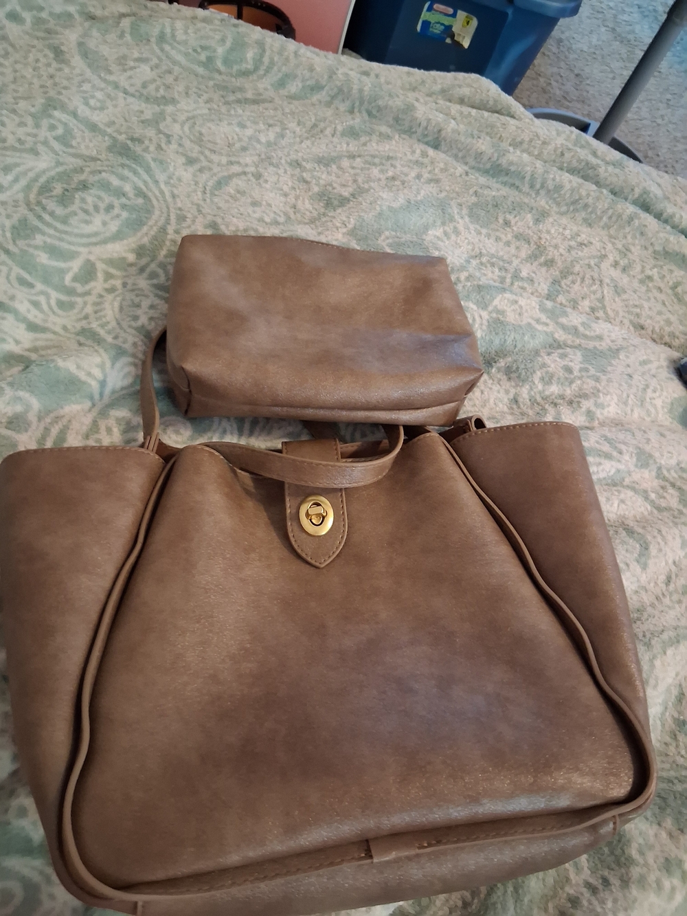 Authentic Leather Taupe Shoulder Tote with Turn-Lock Closure With Mini Bag And - Picture 2 of 8